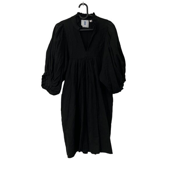 CJ Laing Black Balloon Sleeve Vneck Ruffle Collar Cotton Dress Womens Size Small - Picture 1 of 5